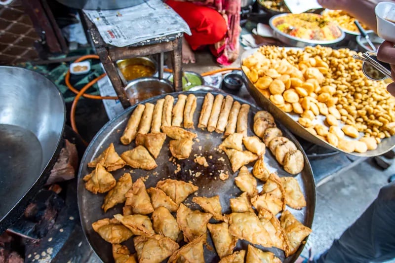 street food and other fried snacks on the street in india