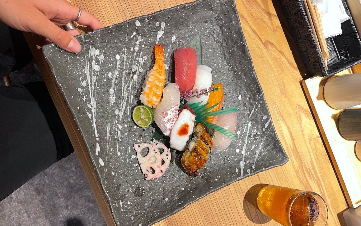 A photo of an elaborate sushi dinner in Tokyo, Japan.