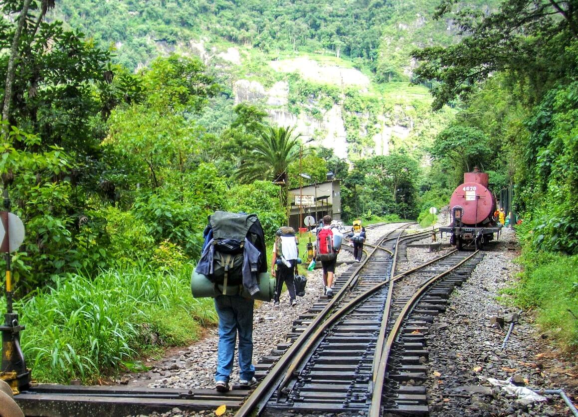 A group of backpackers walking the inca trail to Machu Picchu.