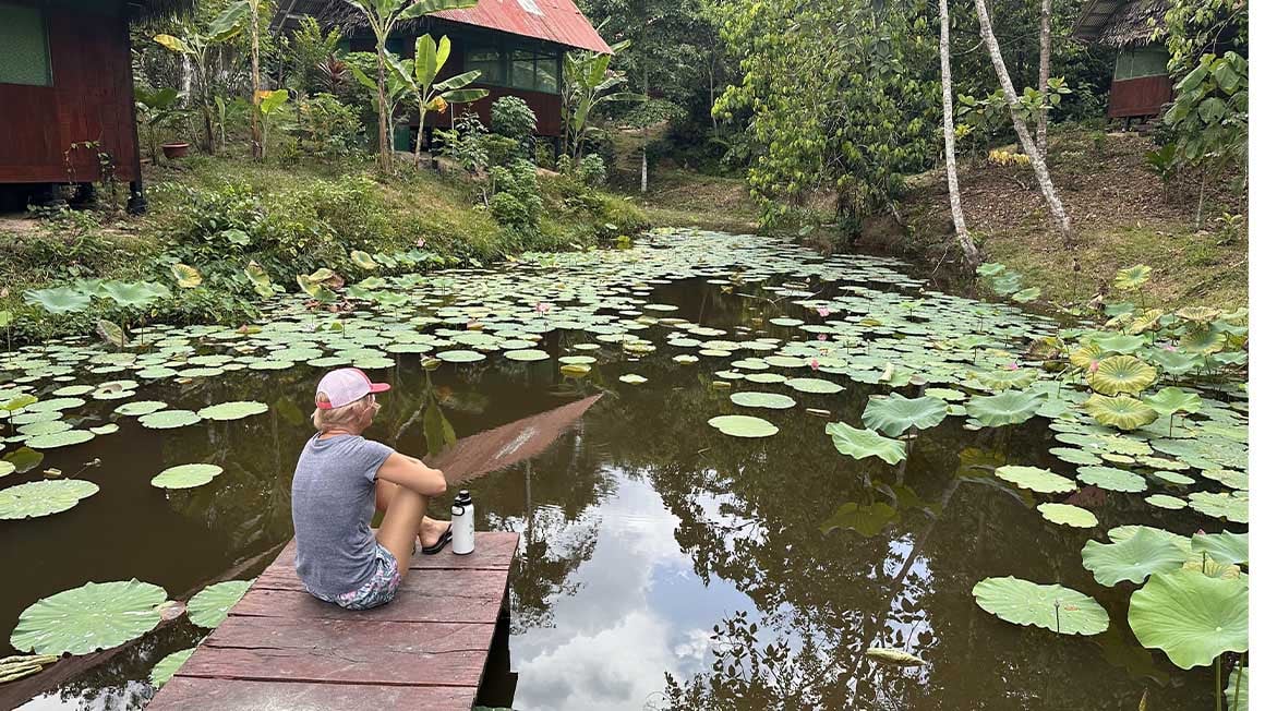 person sat on a small pier by a pond covered in plants