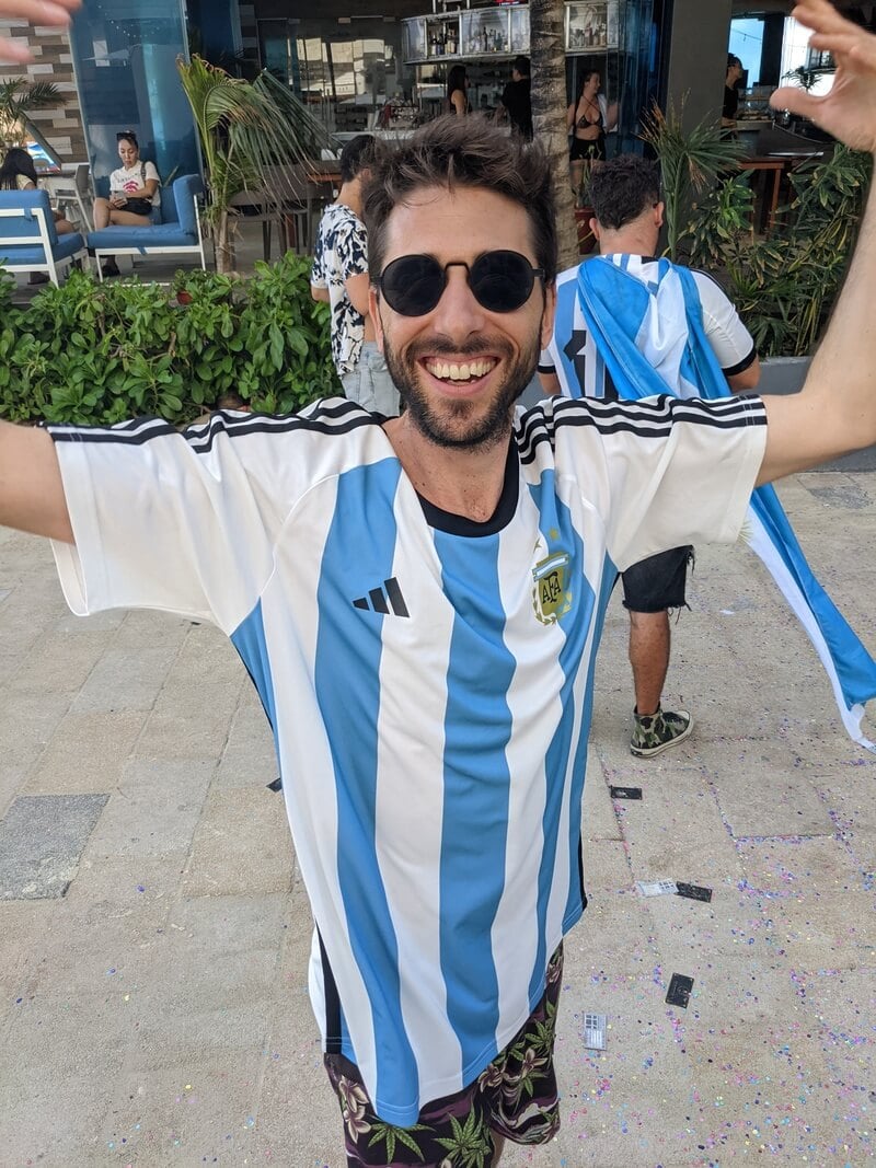Seba celebrating wearing an Argentinian football shirt
