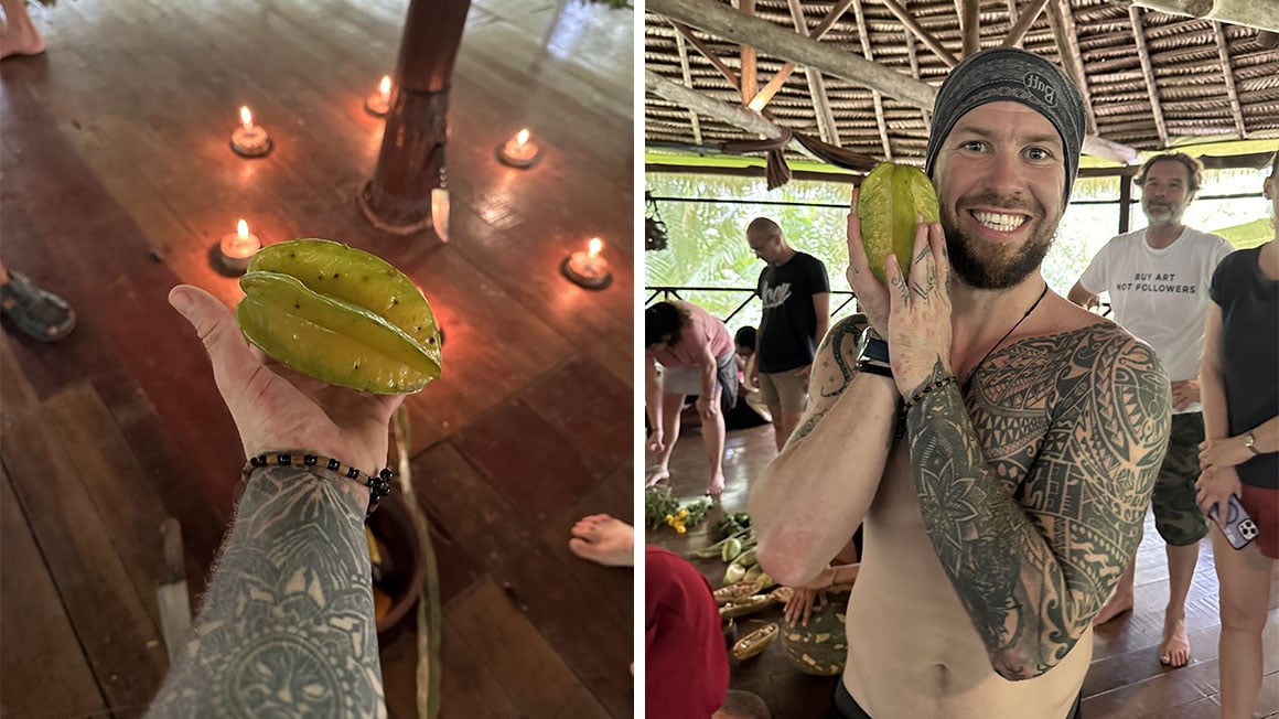 size by size square pictures: one with a hand holding a starfruit: the other with Will smiling holding the starfruit to his face