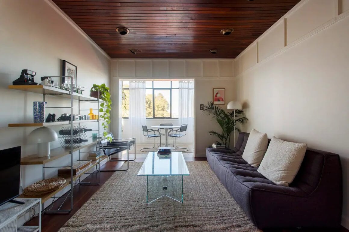 Long lounge room with a sofa, small dining table, shelf and plants. 