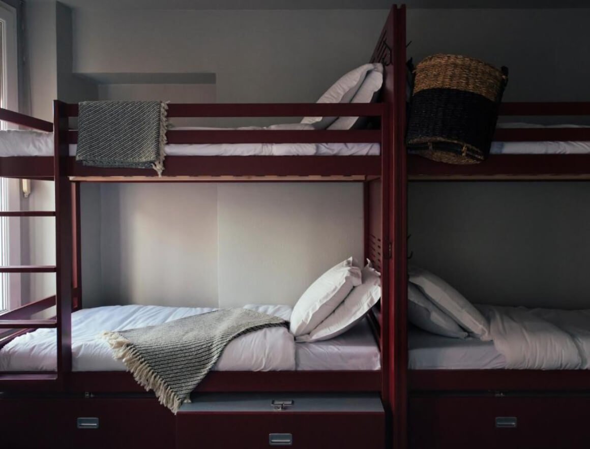 Ho36 Hostel dorm rooms. Shows the wooden bunkbeds with white linen and extra blankets.