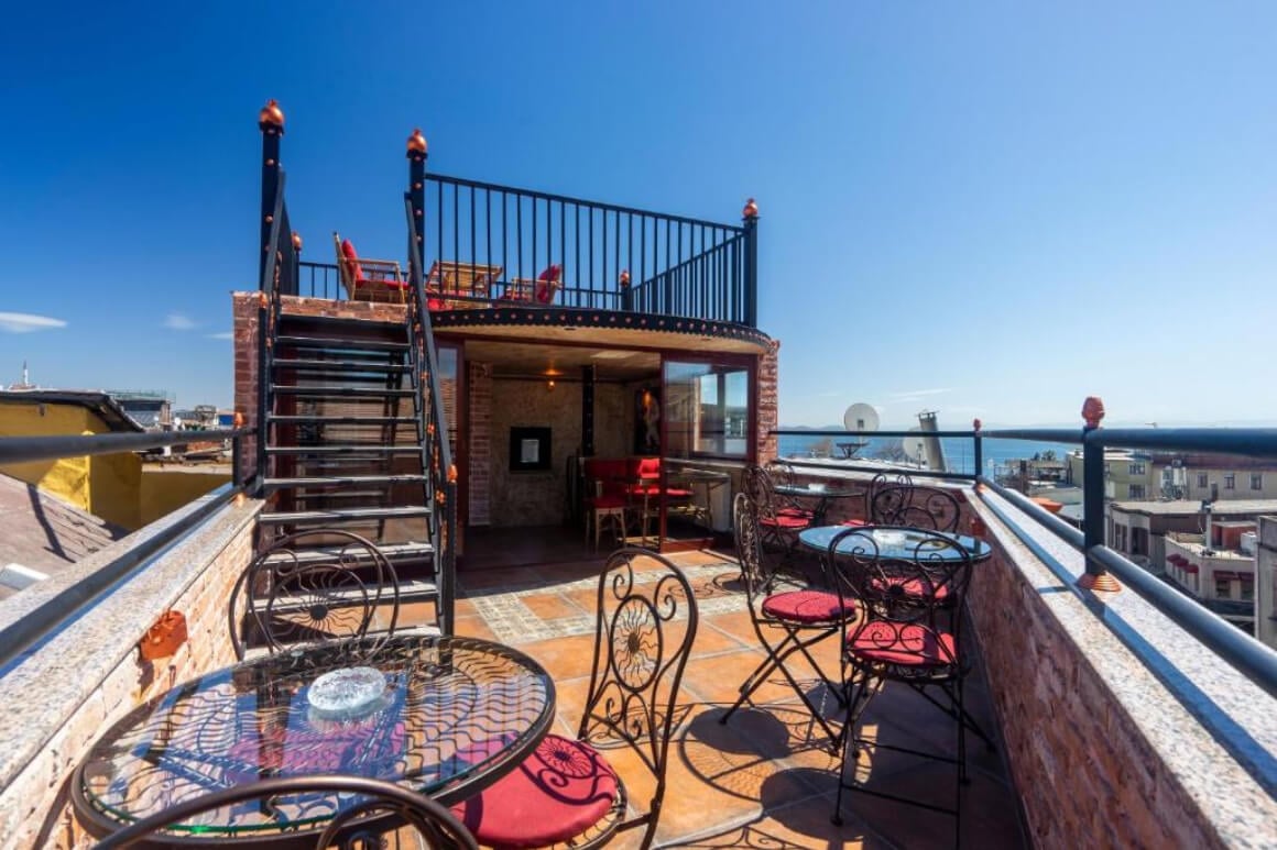 Rooftop with table and chairs with views over the city 