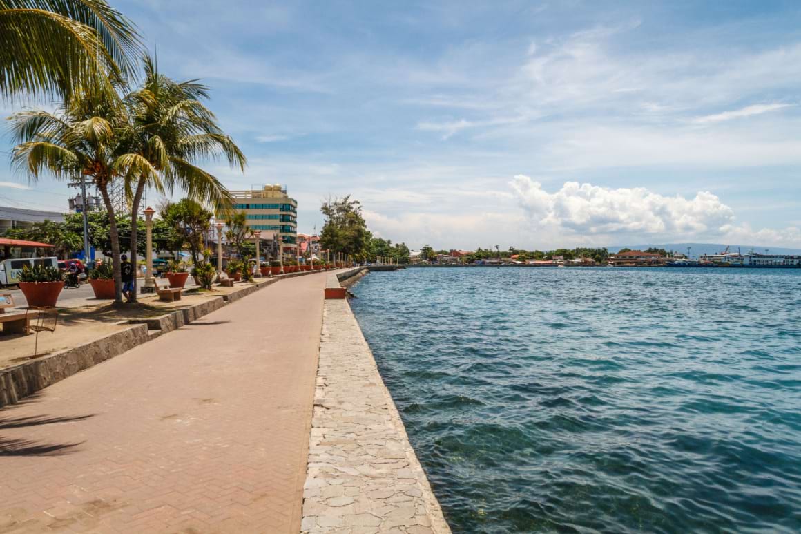 a sidewalk overlooking the sea with palm trees in Rizal Boulevard Dumaguete, The Philippines