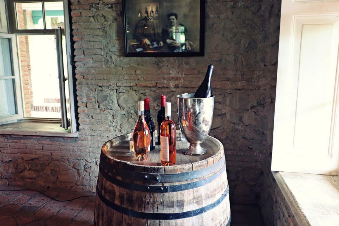 wine sitting on a barrel in georgia Kakheti