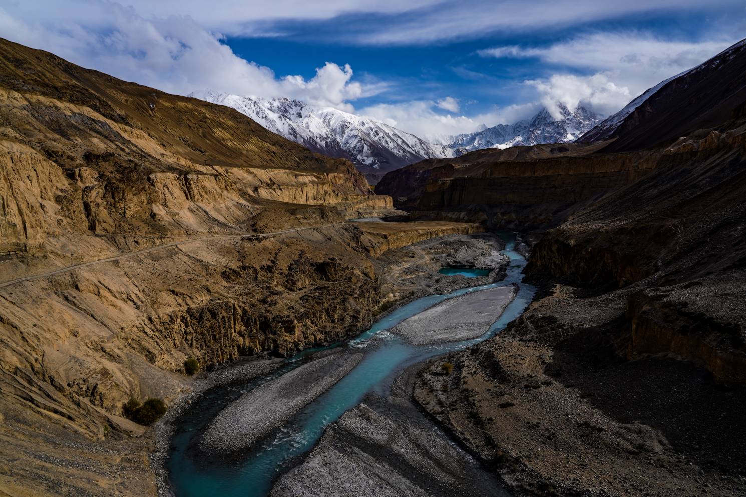 epic overlook view of the chapursan river in chapursan valley pakistan