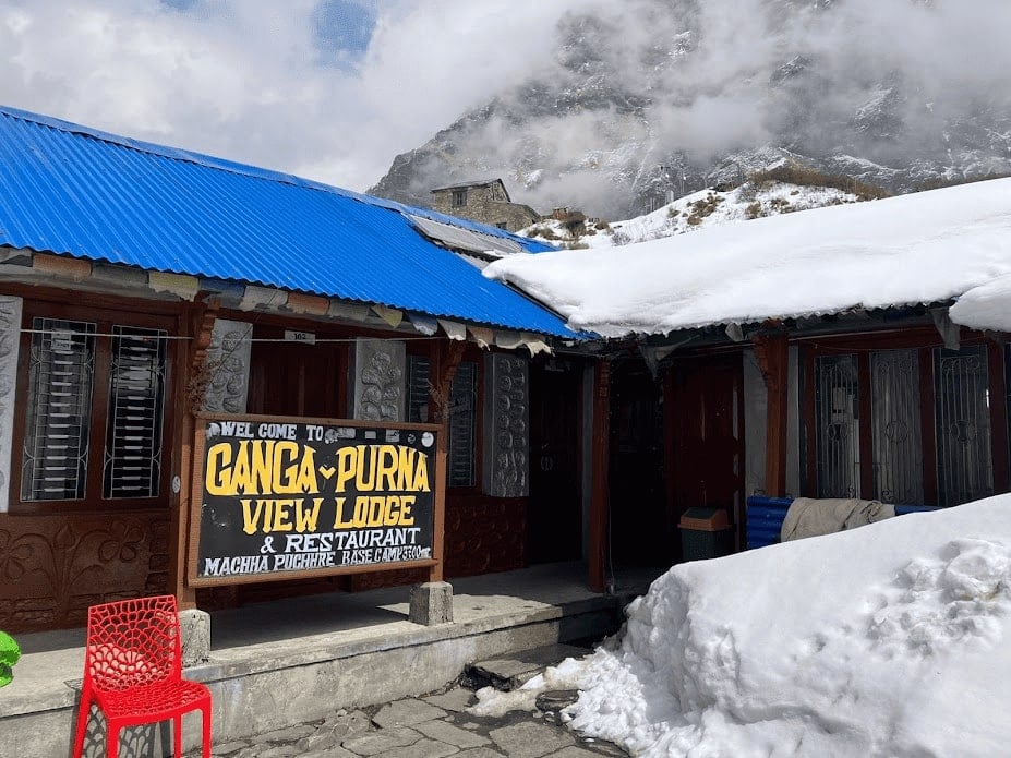 view of a simple wooden treahouse along the annapurna trek in nepal