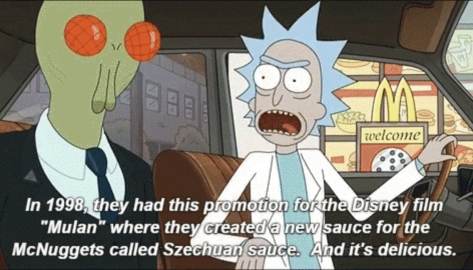 rick and morty clip discussing szechuan sauce