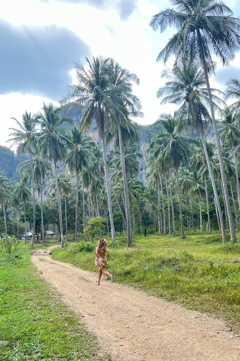 a girl running through the palm trees of krabi, thailand