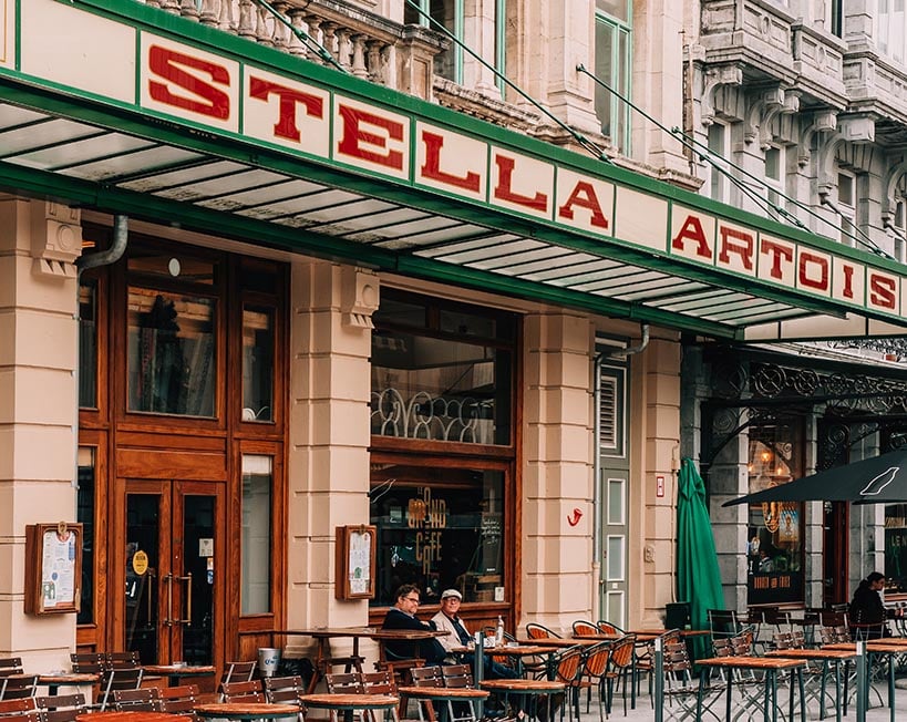 Stella Artois signage on a bar/ pub in Brussels, Belgium.