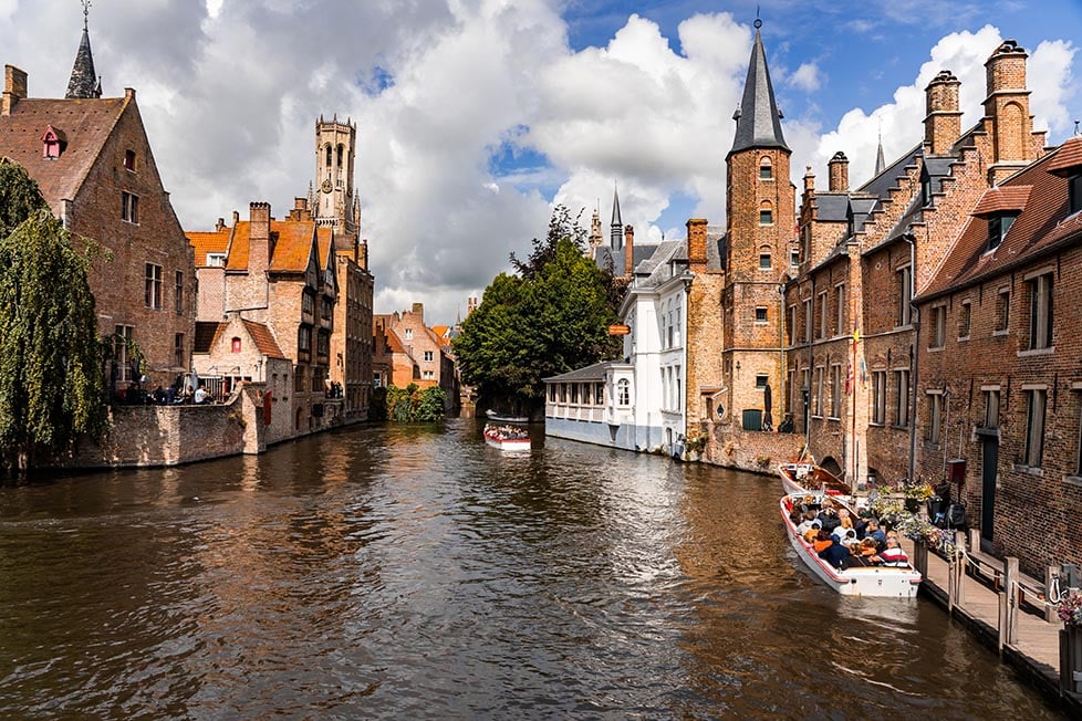 Looking down the main canal in Bruges, Belgium.