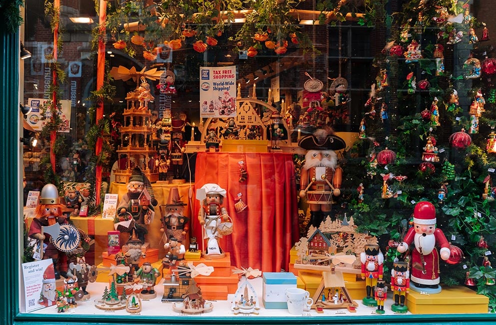 A shop window in Bruges, Belgium full of traditional christmas decorations.