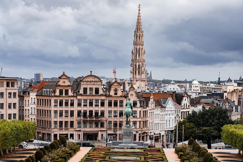 A view from Mont des Arts, brussels park with its baroque-style buildings, fountain, garden and the famous Equestrian Statue of King Albert I.