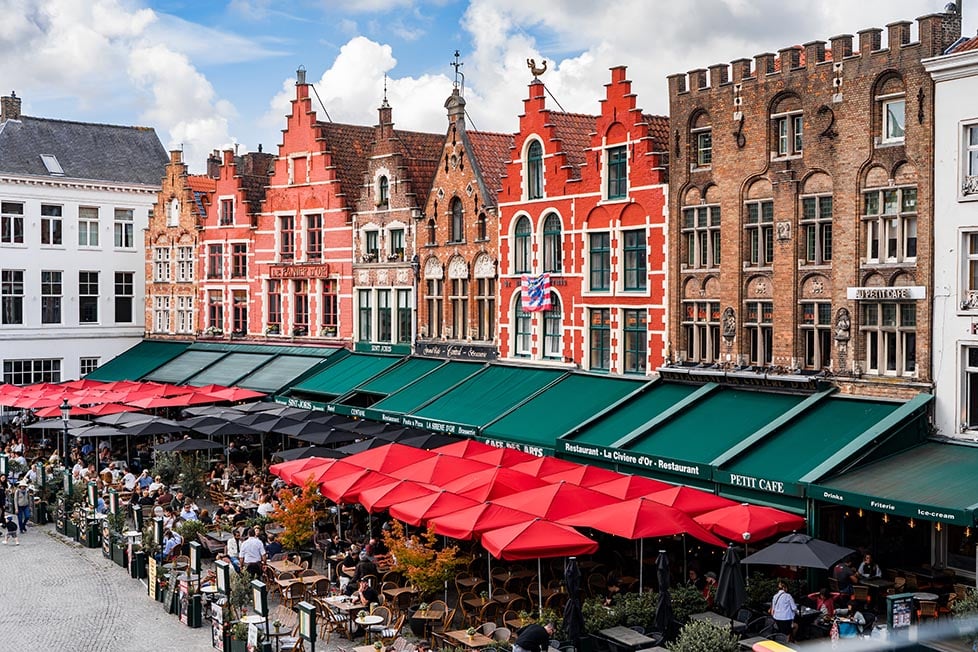 A line of traditional houses, cafes and shops in Belgium