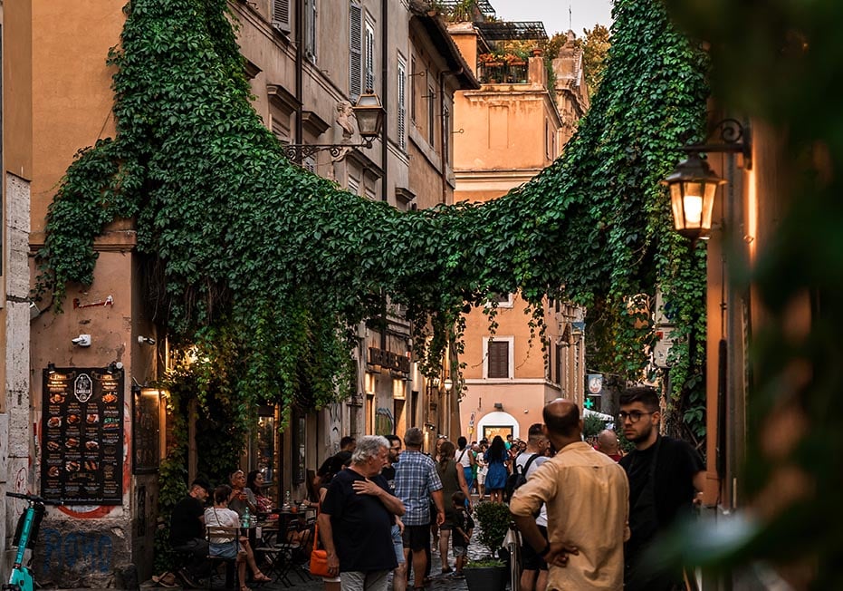 Ivy hanging across a street in the Trastevere neighbourhood in Rome, Italy