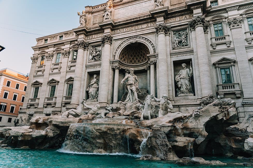 The ornate facade of the Trevi Fountain in Rome, Italy