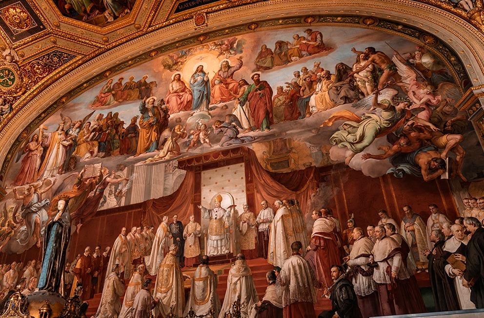 An ornate religious fresco in the Vatican Museums, Rome, Italy
