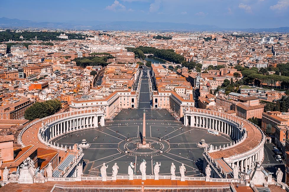 The view of St Peter's square and Rome beyond from the dome of St Peter's Basilica, Vatican, Rome, Italy