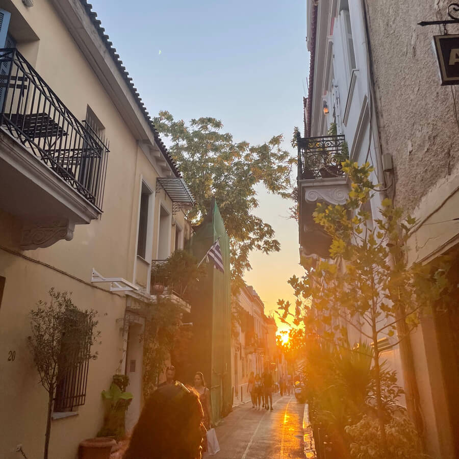Narrow streets of Athens at sunset