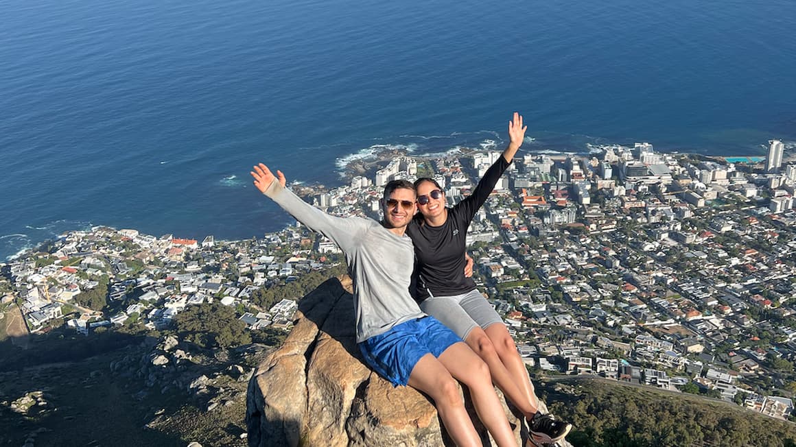 two friends hiking to a viewpoint in cape town, South Africa