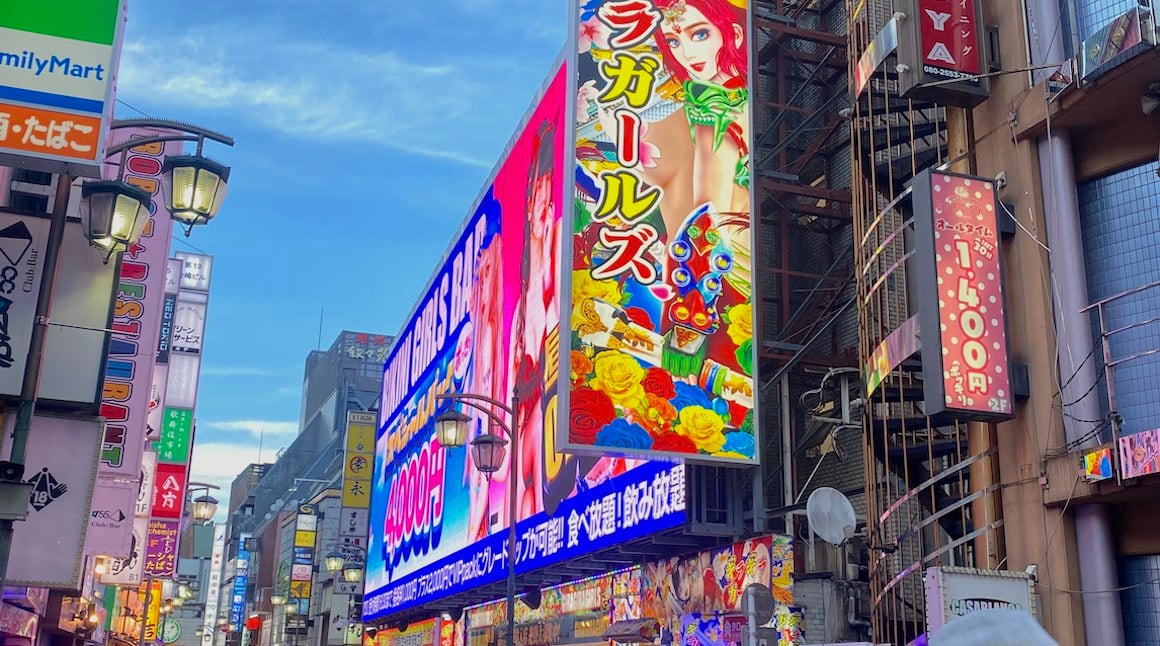 Tokyo streets lit up at dusk, crazy anime billboards and neon lights.