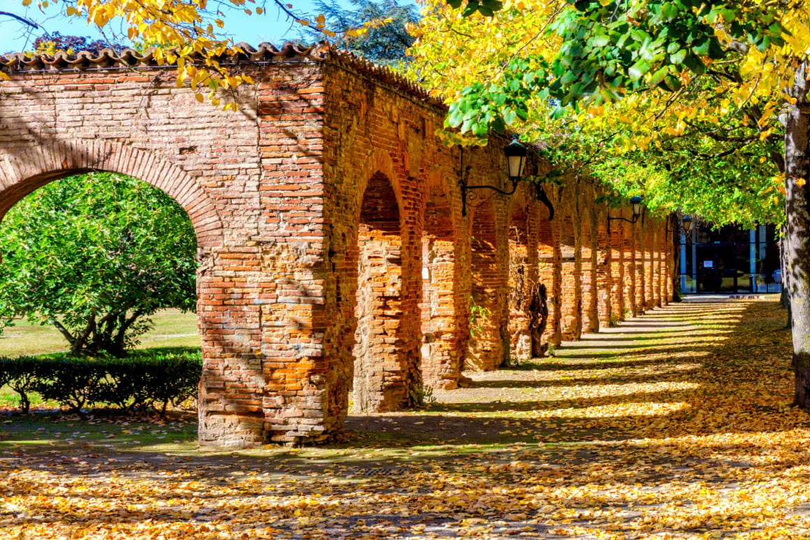 a row of brick arches surrounded by trees and many falling leaves in Les Minimes