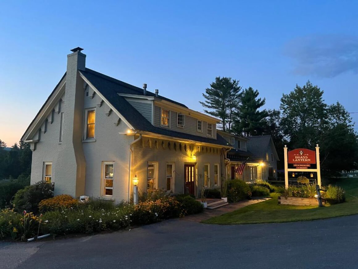 View out the front of the Brass Lantern Inn in the evening.