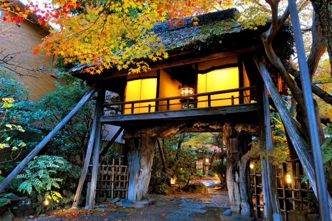 Heihachi Tea House Inn nestled amidst the branches of a large tree in a forest. 