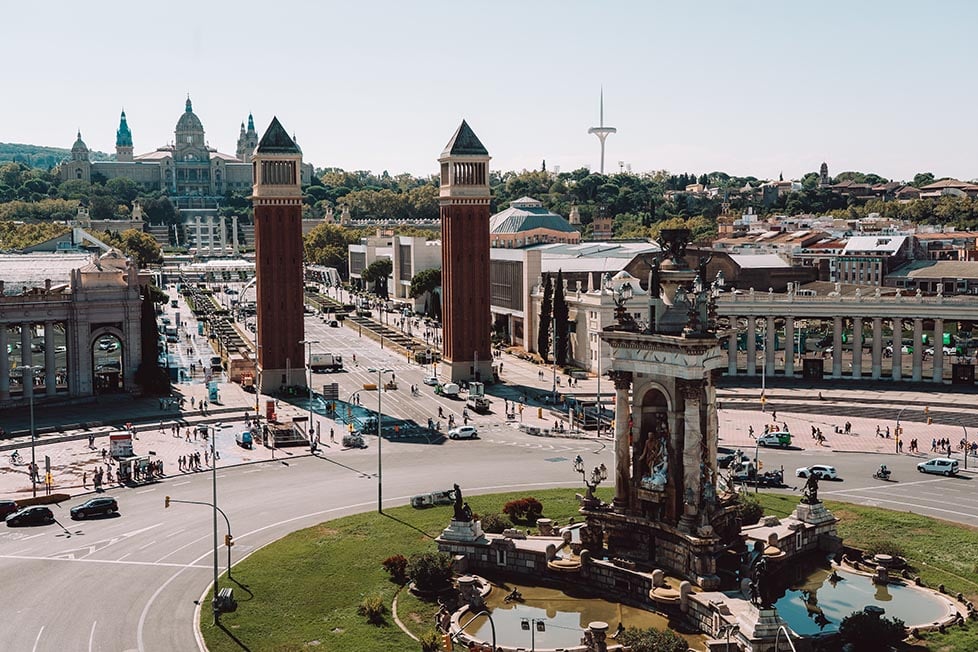 Looking up towards Montjuic Hill in Barcelona, Spain