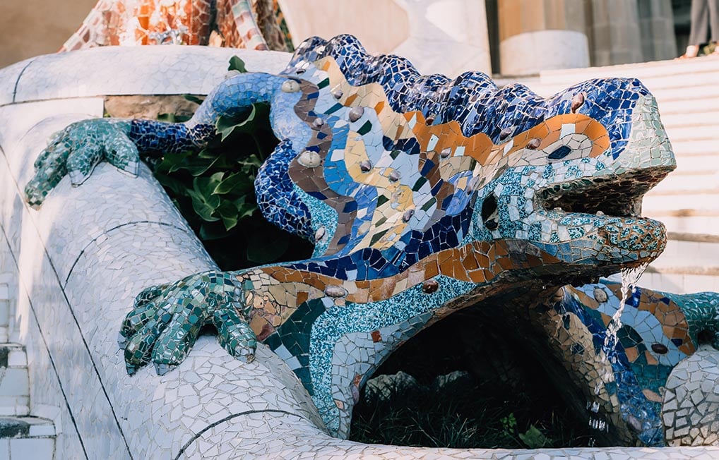The mosaic gecko statue at Park Guell in Barcelona, Spain