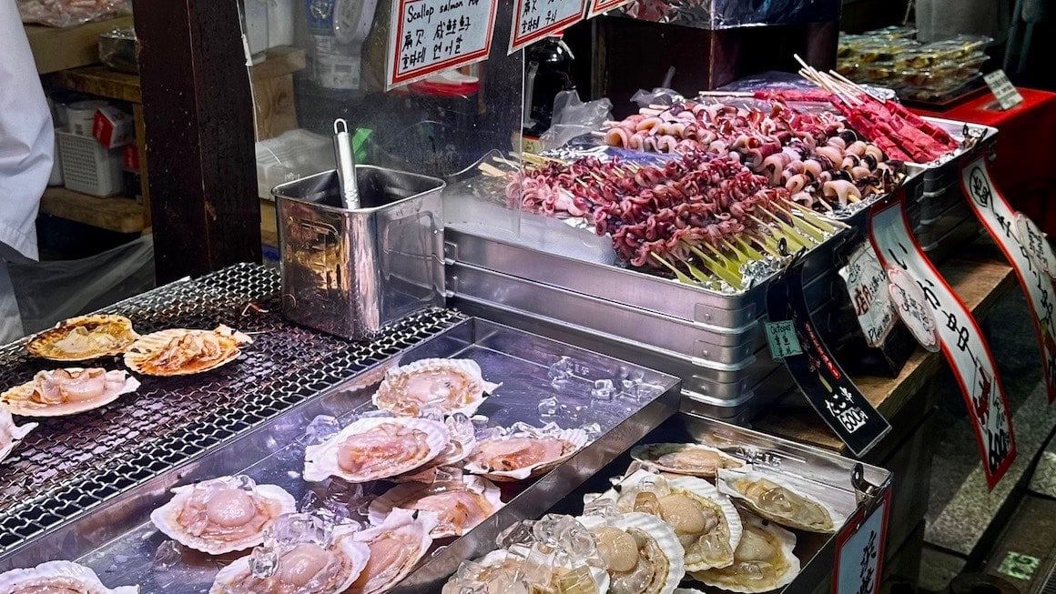 Sea food spread across a market table in Kyoto Japan.