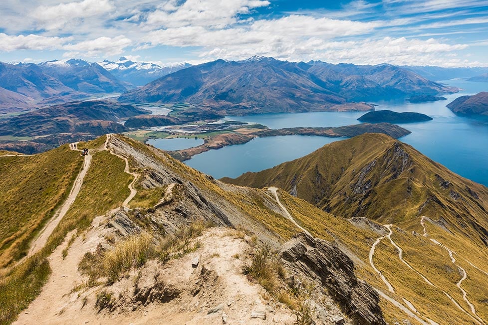 The rolling view of mountains and lakes from the summit of Roy's Peak in Wanaka, New Zealand