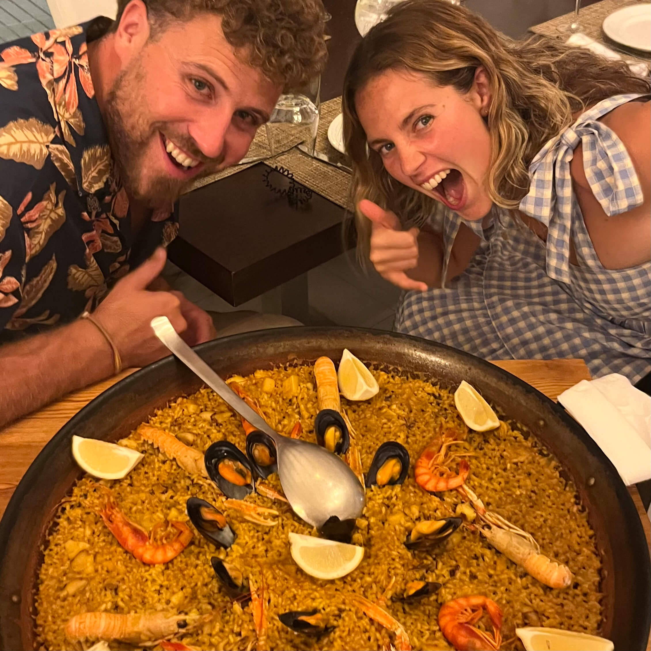 Dani and Harvey about to have Seafood Paella in Spain