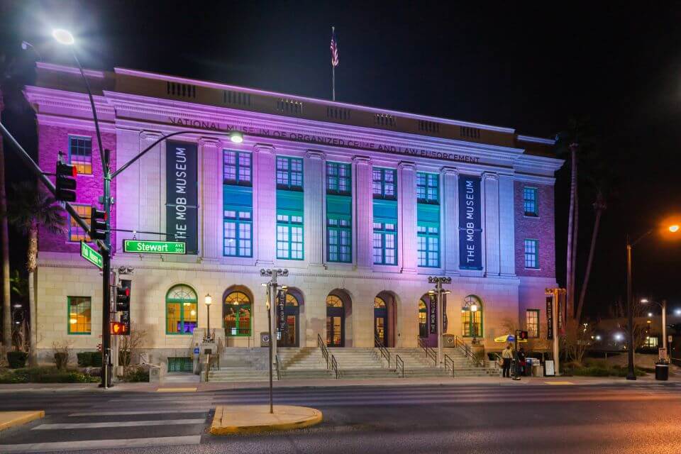 Exterior of the Mob Museum during the night