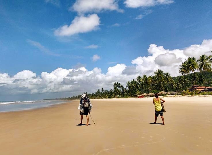 Two people walking on a long beach with palms trees on a sunny day in Bahia, Brazil.