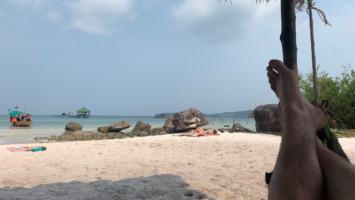 Koh Rong Samloem chilling with feet up in a hammock