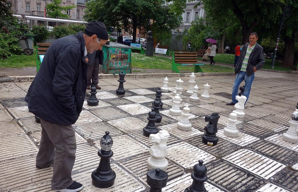 Local people playing chess in a park in Sarajevo, Bosnia.