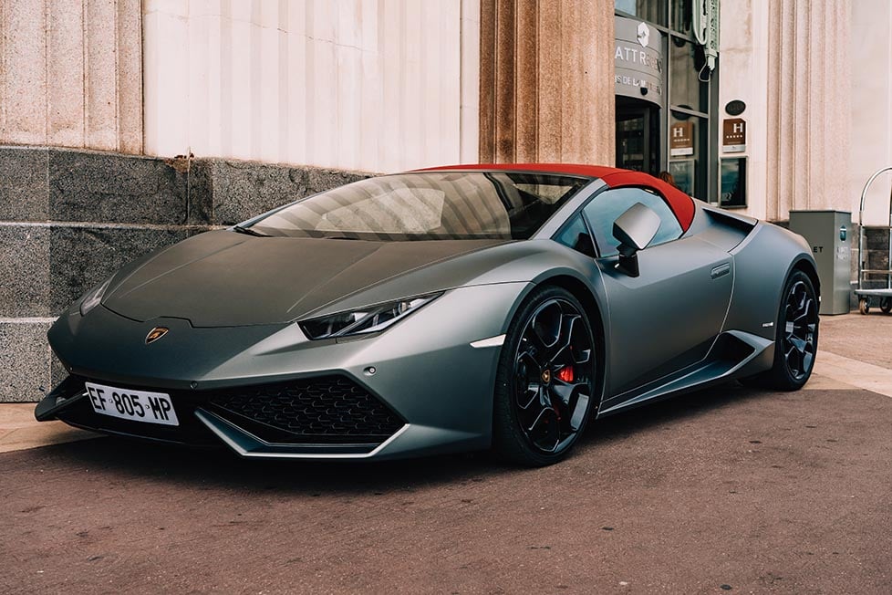 A Lamborghini supercar outside a casino in Nice, France.