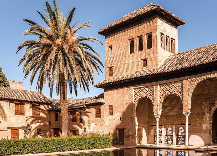 A palm tree and outdoor building in the gardens of Alhambra, Granada, Spain