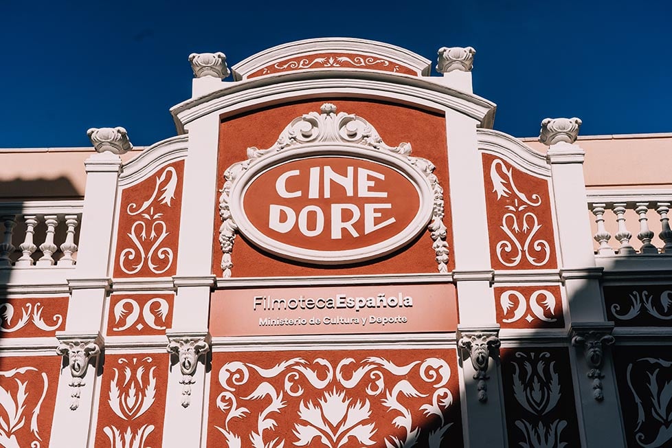 The famous facade of Cine Dore in Madrid, Spain