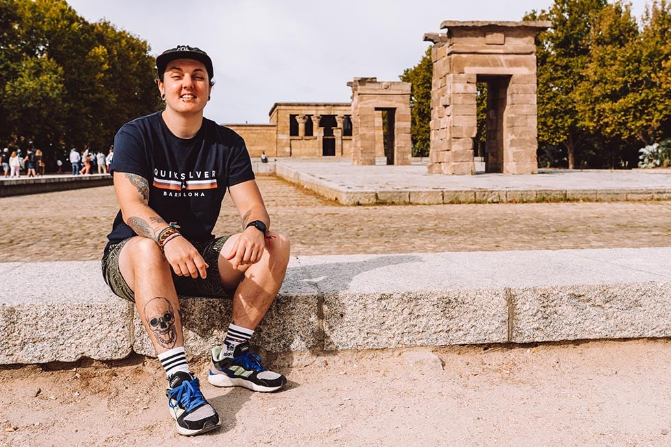 Nic sitting by the Egyptian Temple of Debod in Madrid, Spain