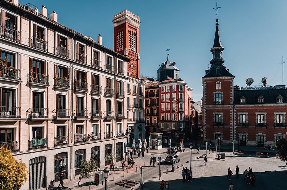 A busy square with old building in Madrid, Spain