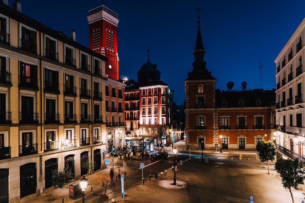 An old square in Madrid, Spain at night.