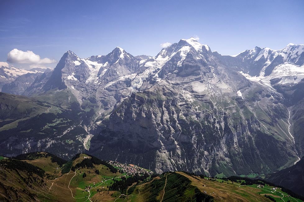 Looking out from the Schilthorn over to the Eiger, Monch and Jungfrau of the Swiss Alps, Interlaken, Switzerland.