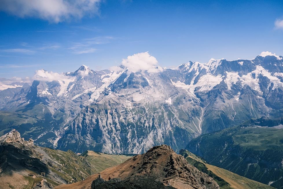 Looking out from the Schilthorn over to the Eiger, Monch and Jungfrau of the Swiss Alps, Interlaken, Switzerland.