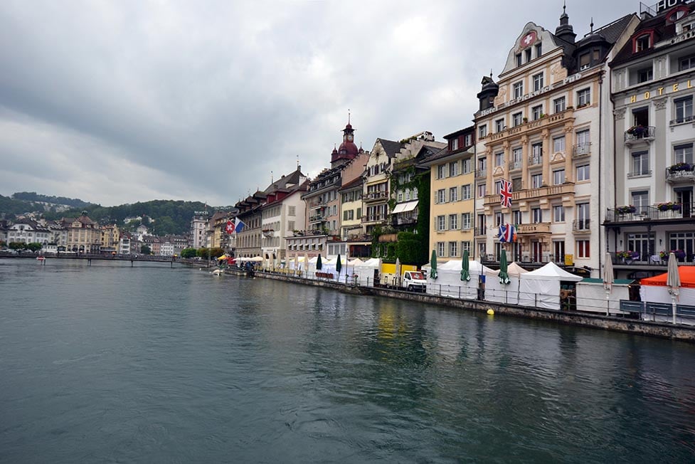 The cafe lined river at the centre of Lucerne, Switzerland.