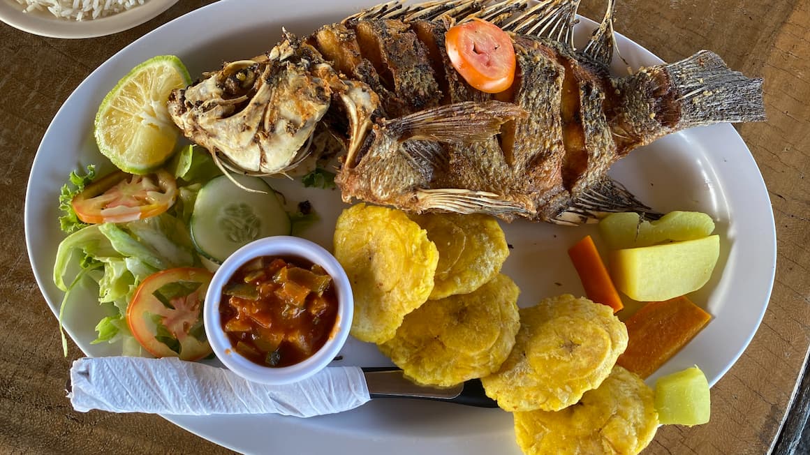 a typical plate of food in Nicaragua. Fried fish, plantains, and a salad 