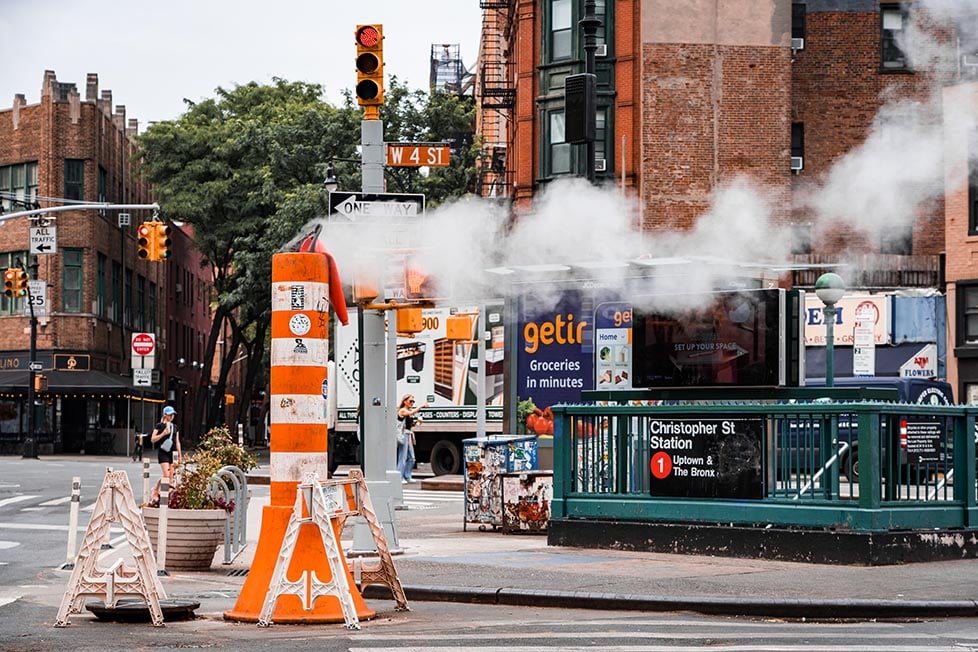 Steam from the subway is vented out in Lower Manhattan, NYC, New York, USA